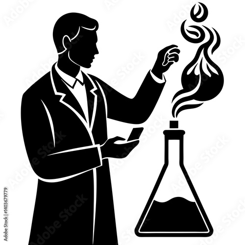 A silhouette of a scientist in a laboratory, mixing chemicals in a flask, with vapors rising