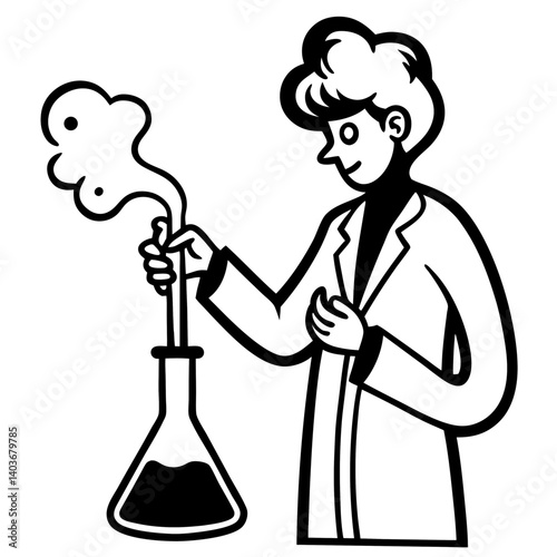 A silhouette of a scientist in a laboratory, mixing chemicals in a flask, with vapors rising