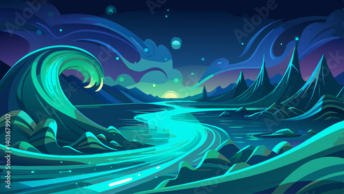 A blue ocean with a wave crashing into the shore. The sky is a deep blue color with a sun setting in the background