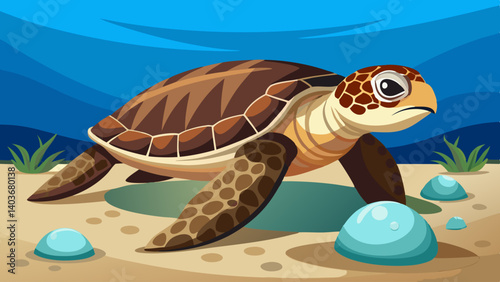 A cartoon turtle is walking on the beach. The turtle is looking up at the sky. The sky is blue and the ocean is in the background