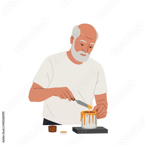 Elderly man decorating cake with knife in flat and minimal vector art