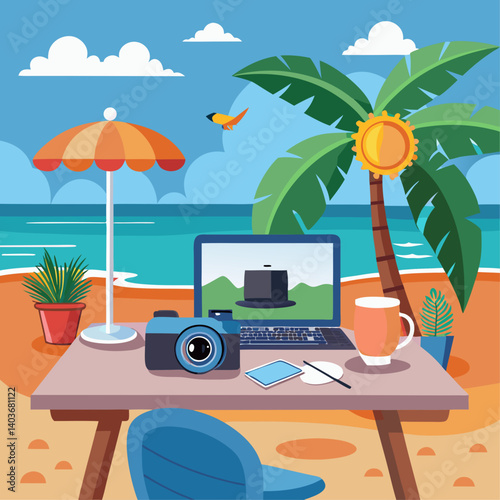 A beach scene with a laptop, camera, and other items on a table. Scene is relaxed and leisurely, as it depicts a person working or taking a break on a beach