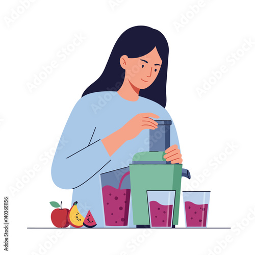 Woman using blender to prepare smoothie in flat vector art
