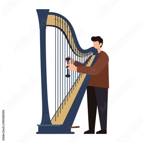 Musician playing a harp in a flat design vector illustration