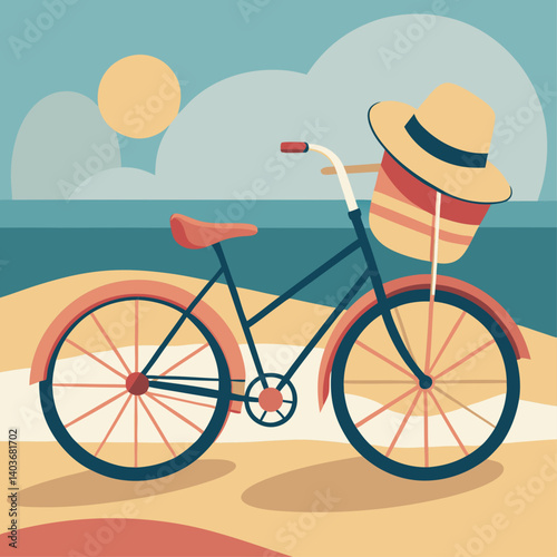 A bicycle with a basket on the back and a hat on the handlebars. The image has a bright and cheerful mood, with the blue color of the bike and the hat adding to the overall sense of fun and adventure