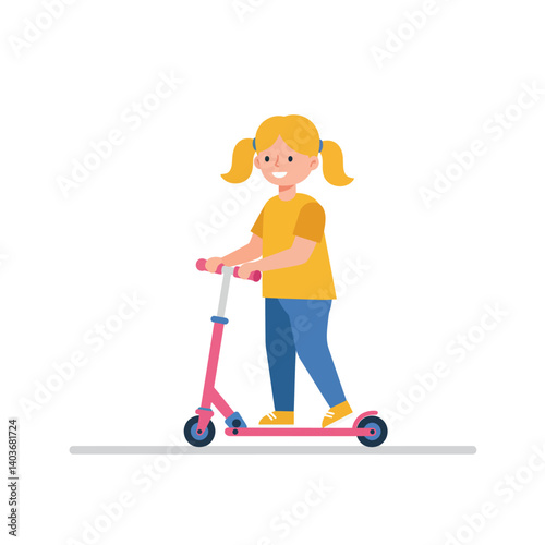 Happy girl riding a pink scooter in flat and colorful vector art
