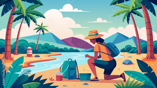 A woman is crouching down by a river with a backpack on her back. She is looking at something in the water
