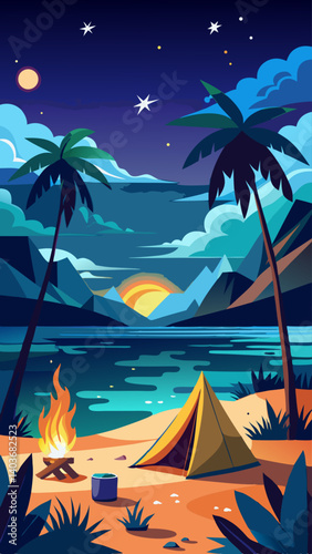 A campsite with a tent, a fire, and a lake. The sky is dark and cloudy, and the stars are visible