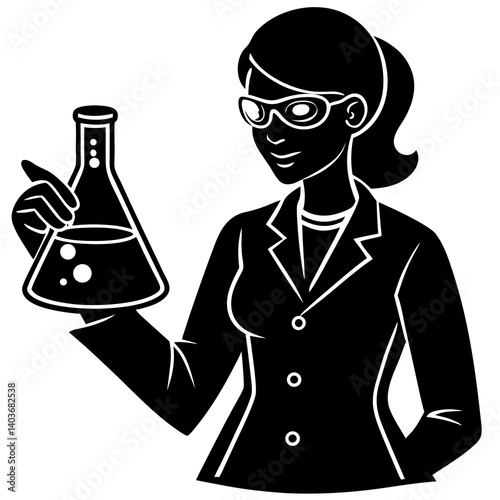 A silhouette of a woman chemist in the lab, wearing protective glasses, and holding a beaker filled with a glowing substance