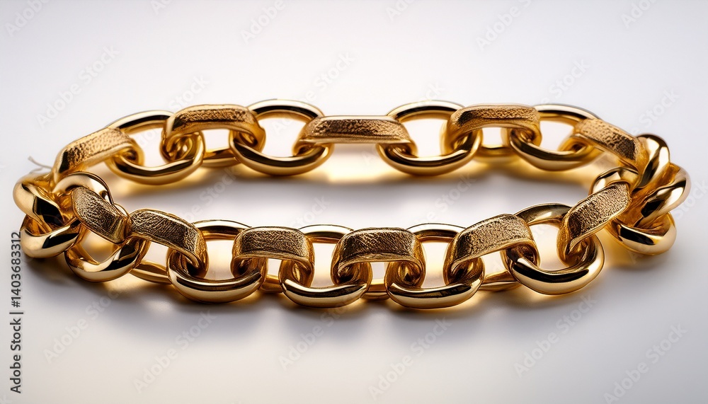 Fototapeta premium a close up of a thick gold cuban link chain necklace placed on a white background showcasing its polished and luxurious design