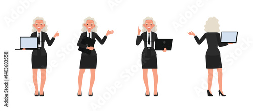 Senior business woman wear black suit and holding a laptop character vector illustration design set. Presentation in various action.