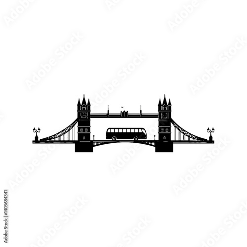 Tower Bridge with bus icon in black silhouette style
