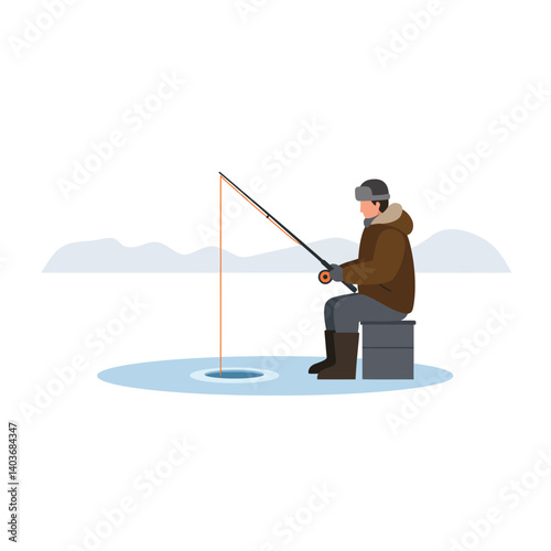 Ice fishing scene featuring a person on a frozen lake in flat vector art