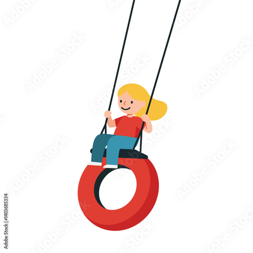 Girl swinging happily on a tire swing in flat vector art