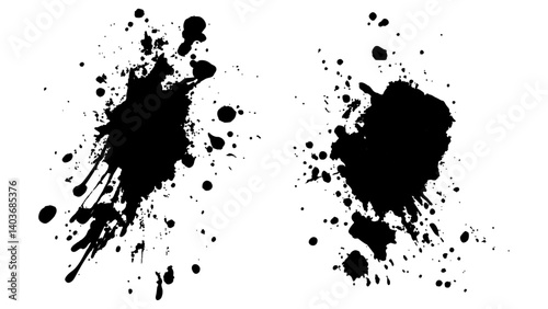 Abstract black paint splatter on white background. Stylish, grunge with a rough, worn look in dust and scratches on a white background. Brush strokes, stain grunge isolated on white background,