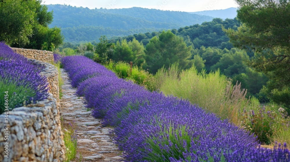 Fototapeta premium A cobblestone path leads through fields of purple lavender flowers
