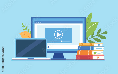 Online Education E Learning Platform Digital Classroom Video Tutorial on Computer Laptop with Books Plant Decor Minimalist Flat Design Blue Background for Distance Learning and Technology