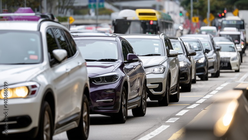 Cars are bumper-to-bumper in a traffic jam on a busy city road during peak hour, with honking horns and frustrated drivers as they slowly inch forward.