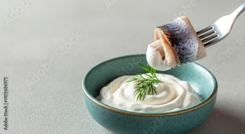 Herring rollmop with dill and creamy sauce in teal bowl on gray background