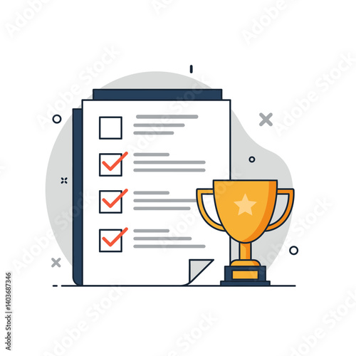 Business goals checklist with trophy award achievement  
