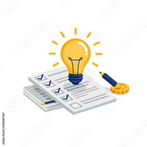 Business Goals with Light Bulb and Completed Checklist  