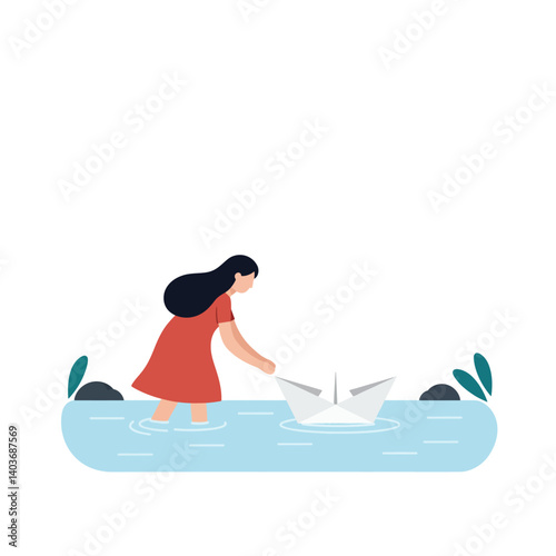 Girl interacting with paper boat in a serene water scene, flat vector art