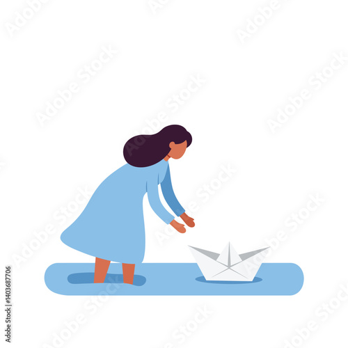 Girl in blue dress launching paper boat in flat vector art
