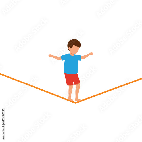 Child balancing on a tightrope in flat, minimal vector art