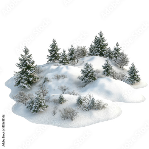Snow-covered landscape with trees creates a serene winter retreat immersed in nature's beauty, Snow landscape isolated on Transparent background