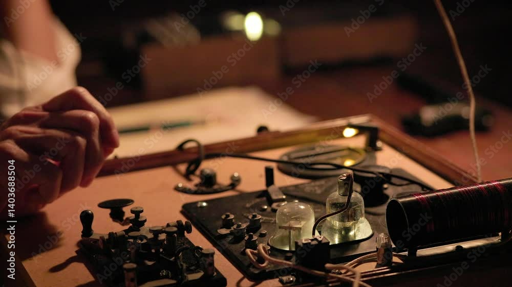 close shot WWII spy in France sending coded messages