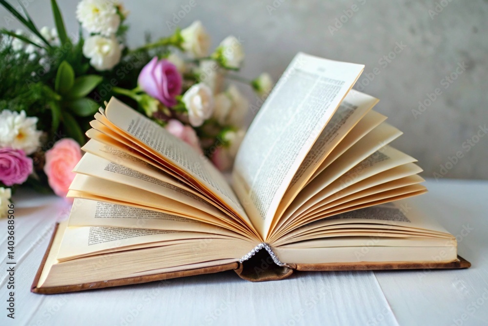 Open book with pages fanned out, placed on a white surface with a bouquet of flowers in the background, symbolizing reading, literature, and relaxation