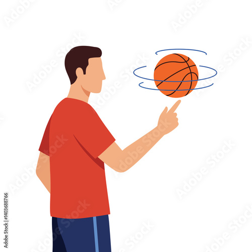 Man spinning basketball on finger in flat vector illustration design style
