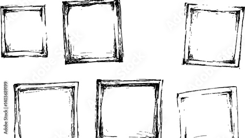 Black picture frame set, white transparent background Vactor frame set, brush paint ink stroke white transparent background.