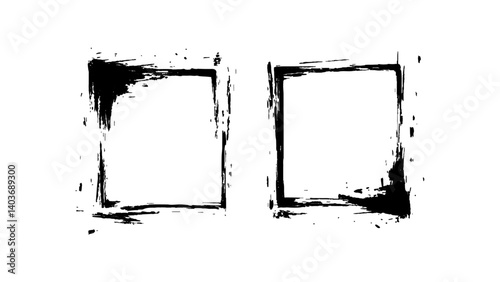 Black picture frame set, white transparent background Vactor frame set, brush paint ink stroke white transparent background.