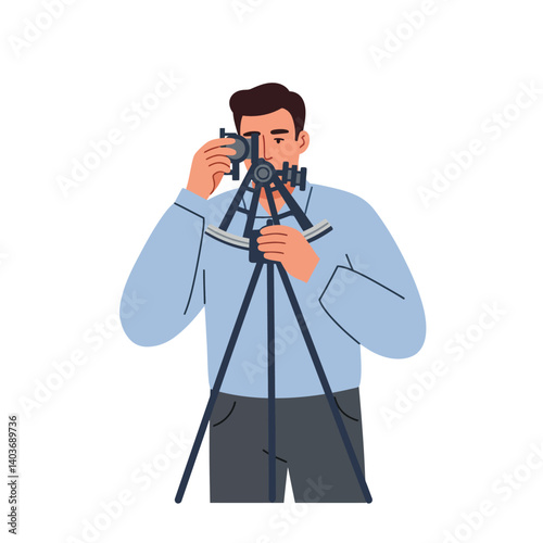 Man using a theodolite in minimal flat design vector art