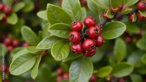 A ripe wintergreen berry, red berries with green leaves, perfect for seasonal decor or natural-themed projects.