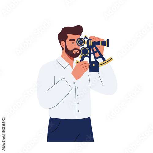 Man observing landscape with a theodolite in minimal vector art style