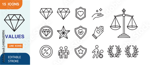 outline icons related to values. Linear icon collection. Editable stroke. Vector illustration