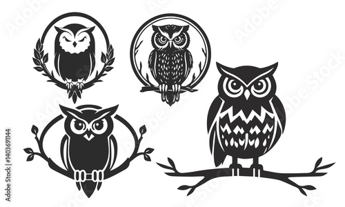 Owl logo set. Detailed drawing, strict look, symbol of wisdom, intelligence, protection, suitable for branding and design. Owl logo, tribal owl, vector owl, owl emblem