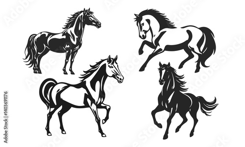 Horse set, wild stallion group, galloping horses, farm animal icons, vector equine collection, wild stallion