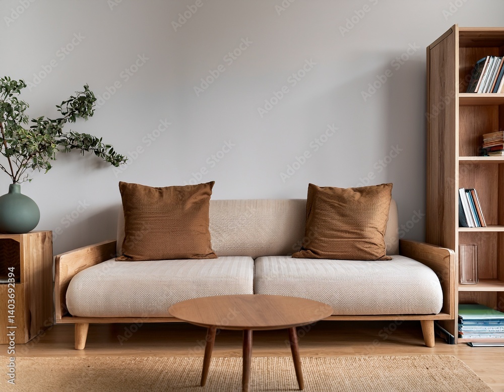 a sofa with two large pillows sits in a minimalist living room with a wooden coffee table and bookshelf a sofa with two large pillows sits in a minimalist living room with a wooden coffee table and bookshelf