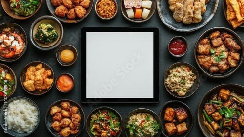Assorted Asian dishes arranged around a tablet.