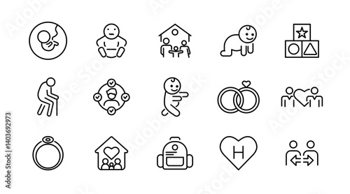 Family relation line icon set. Couple, mother, love, photo album, child, children, adoption outline icon collection. UI thin outline icon pack