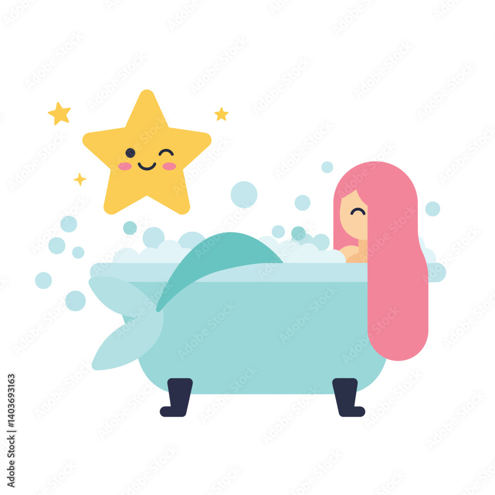 Naklejka premium Mermaid relaxing in bathtub with bubbles and star in flat vector art