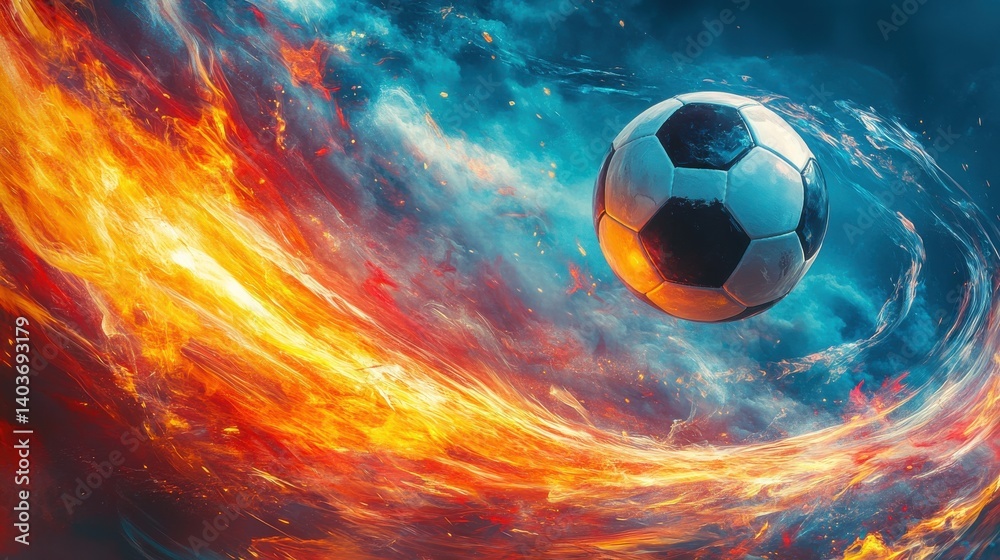 Fototapeta premium Dynamic soccer ball surrounded by vibrant fire and smoke.