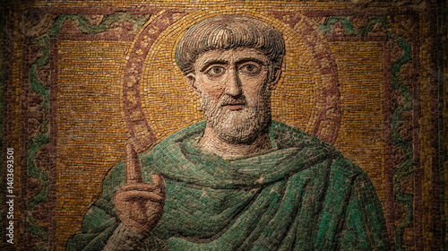Mosaic portrait of a serene male figure in emerald and copper robes, holding two fingers upward in blessing, face slightly illuminated from the left