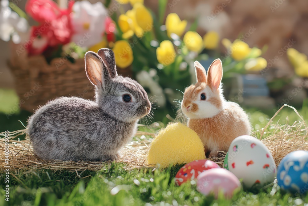 Fototapeta premium Rabbits discover colorful Easter eggs!
