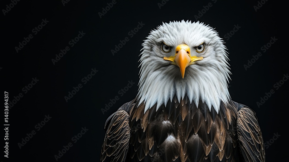 A striking close-up of a majestic eagle with fierce eyes and detailed feathers set against a dark background. A striking close-up of a majestic eagle with fierce eyes and detailed feathers set against a dark background.