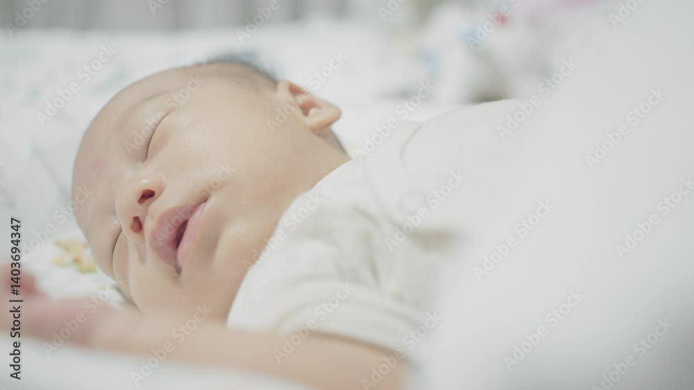 A tranquil scene featuring a sleeping baby nestled in soft bedding, exuding calm and serenity. The image captures a moment of innocence and peacefulness in a cozy environment.