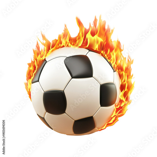 Soccer ball with flames and fire surrounding it, isolated transparent background